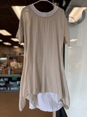 Vasana Linen Blend 2-Piece Layered Tunic Top / Dress Boho Neutral White & Tan M